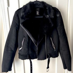Zara Suede Faux Fur Lined Shearling Moto Biker Jacket Double Faced